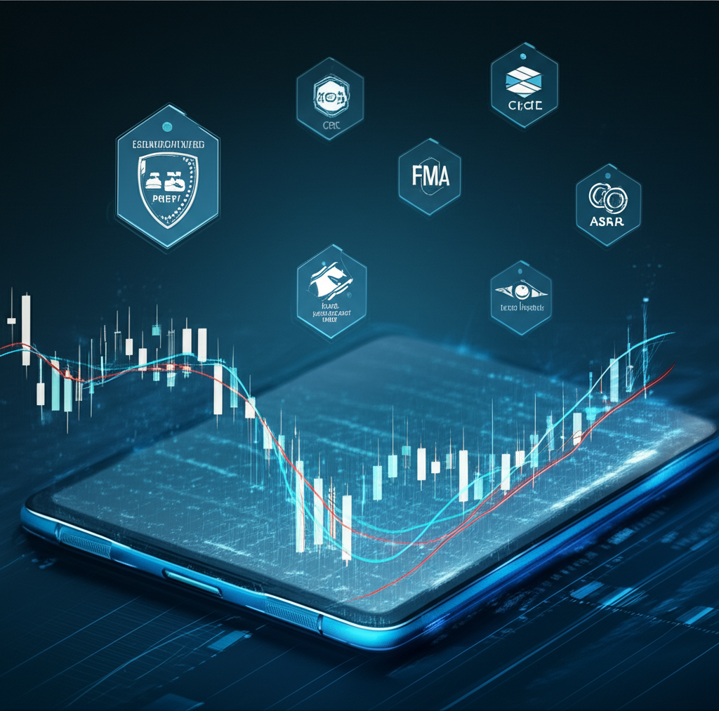 展示安全數位環境的插圖，包含FCA、CySEC、ASIC、FMA等監管標章保護客戶分離保管資金，並呈現超低點差、高流動性與多樣交易產品如外匯、黃金、指數、加密貨幣的動態圖表