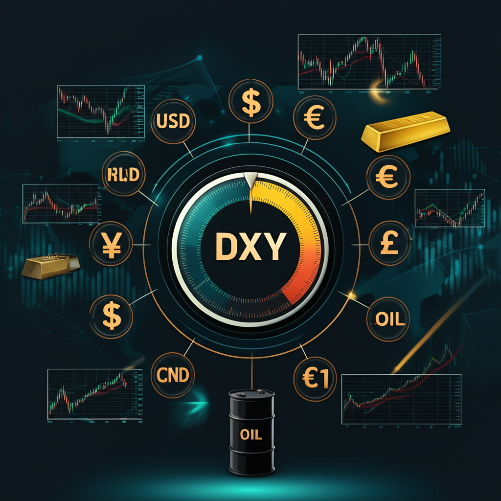 全球金融市場中美元指數DXY影響各類資產的動態示意圖