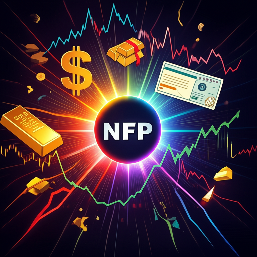全球金融市場受非農數據影響的插圖，中央標示NFP，周圍環繞美元、黃金、股票與債券等資產，色彩鮮明，線條動態