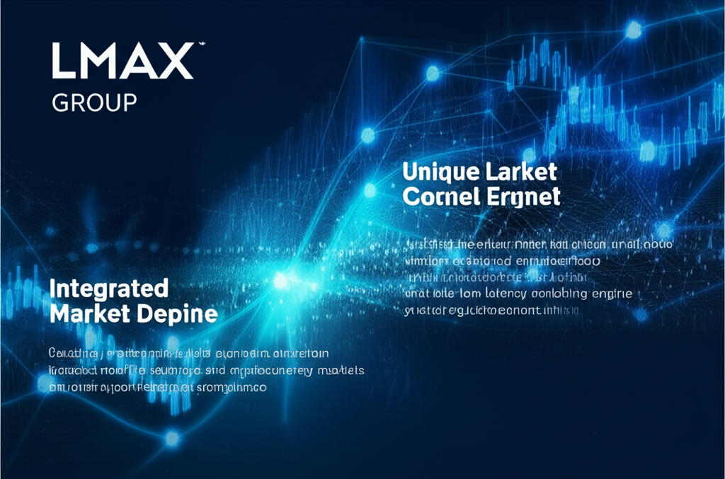 LMAX集團獨特市場模型與技術優勢，在全球外匯與加密市場建立卓越聲譽，整合市場深度、超低延遲匹配引擎與嚴格監管合規示意圖