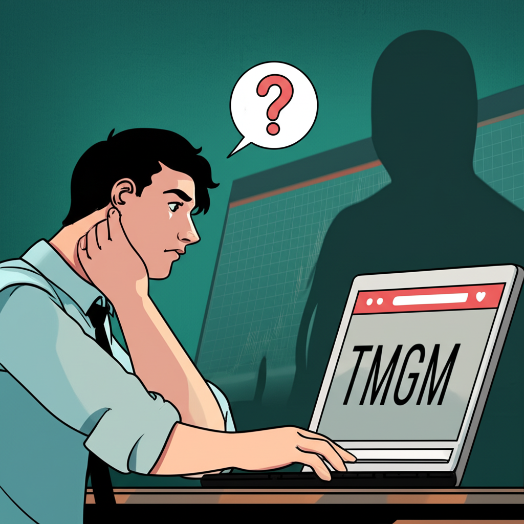 投資人面對電腦螢幕上的波動外匯走勢圖，背後有陰影人物，TMGM標誌帶有問號，象徵詐騙疑慮與不確定性