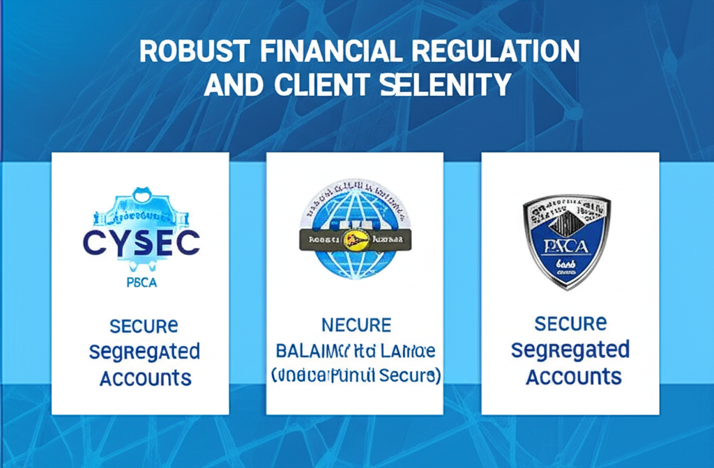 金融監管與客戶資金安全保障示意圖：展示CySEC、FSCA等多國監管機構與獨立信託帳戶機制