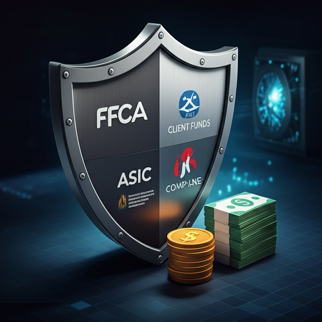 FXCM資金安全機制示意圖：FCA、ASIC與FSCA三重監管，保障客戶資金獨立存放