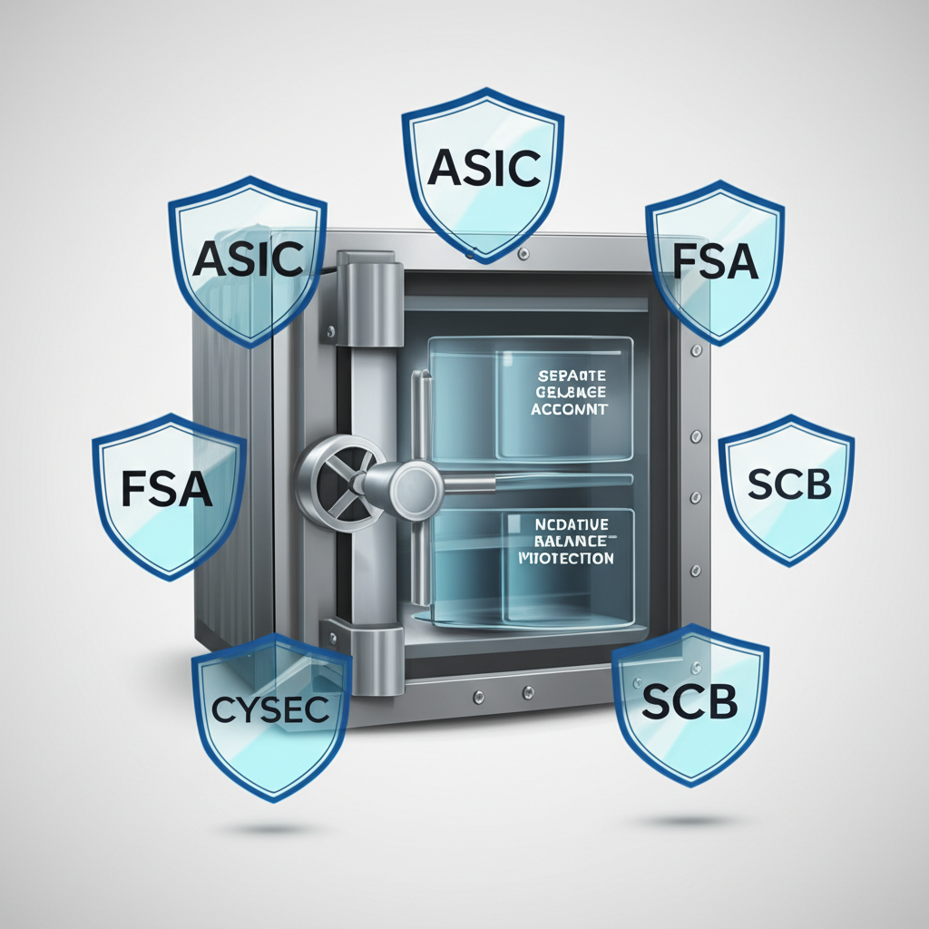 IC Markets多重監管保護機制示意圖，包含ASIC、CySEC、FSA、SCB等監管盾牌與客戶資金隔離帳戶