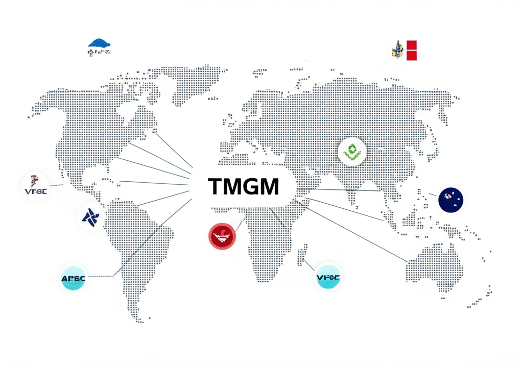 世界地圖上標示ASIC、VFSC等監管機構圖標，線條連接到中央的TMGM標誌，呈現其全球合規架構