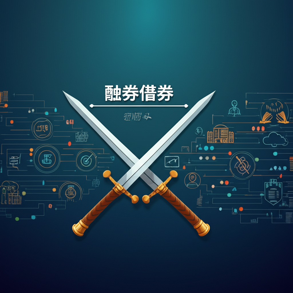 插圖：金融市場示意圖，包含做空定義、機制、風險、台灣與香港的融券借券操作，以及雙刃劍象徵其本質