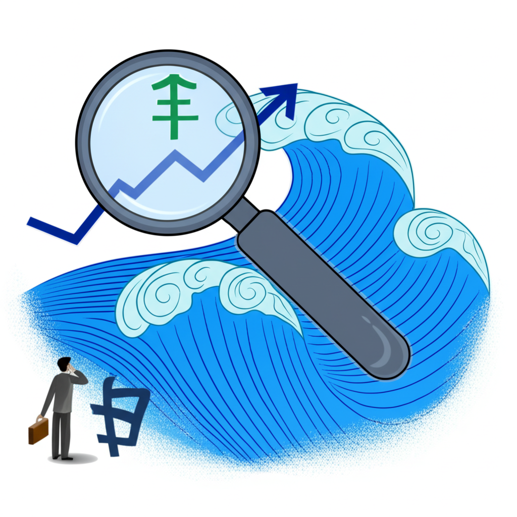 市場波動情境插圖，顯示動盪的金融場景與VIX指數的放大觀察