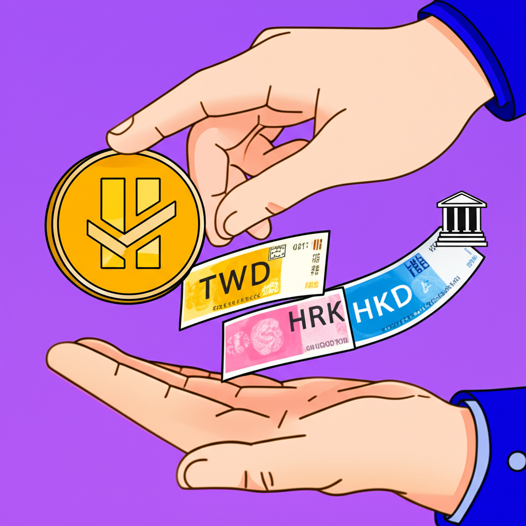 一名用戶手持 USDT 幣，轉化為台幣、港幣等法幣流入銀行帳戶，象徵數位資產兌現用於日常開銷與獲利實現
