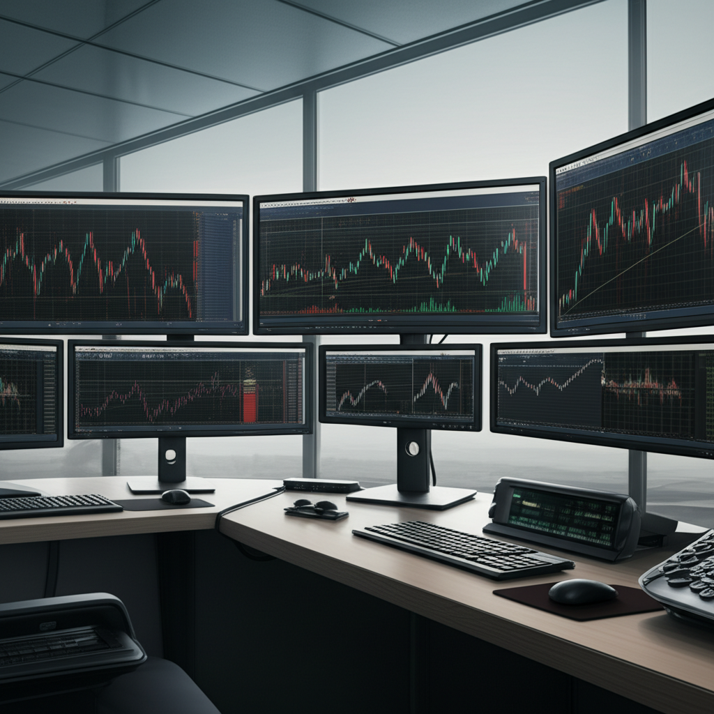 專業交易台配備多螢幕，展示IG Markets平台的進階圖表與分析功能