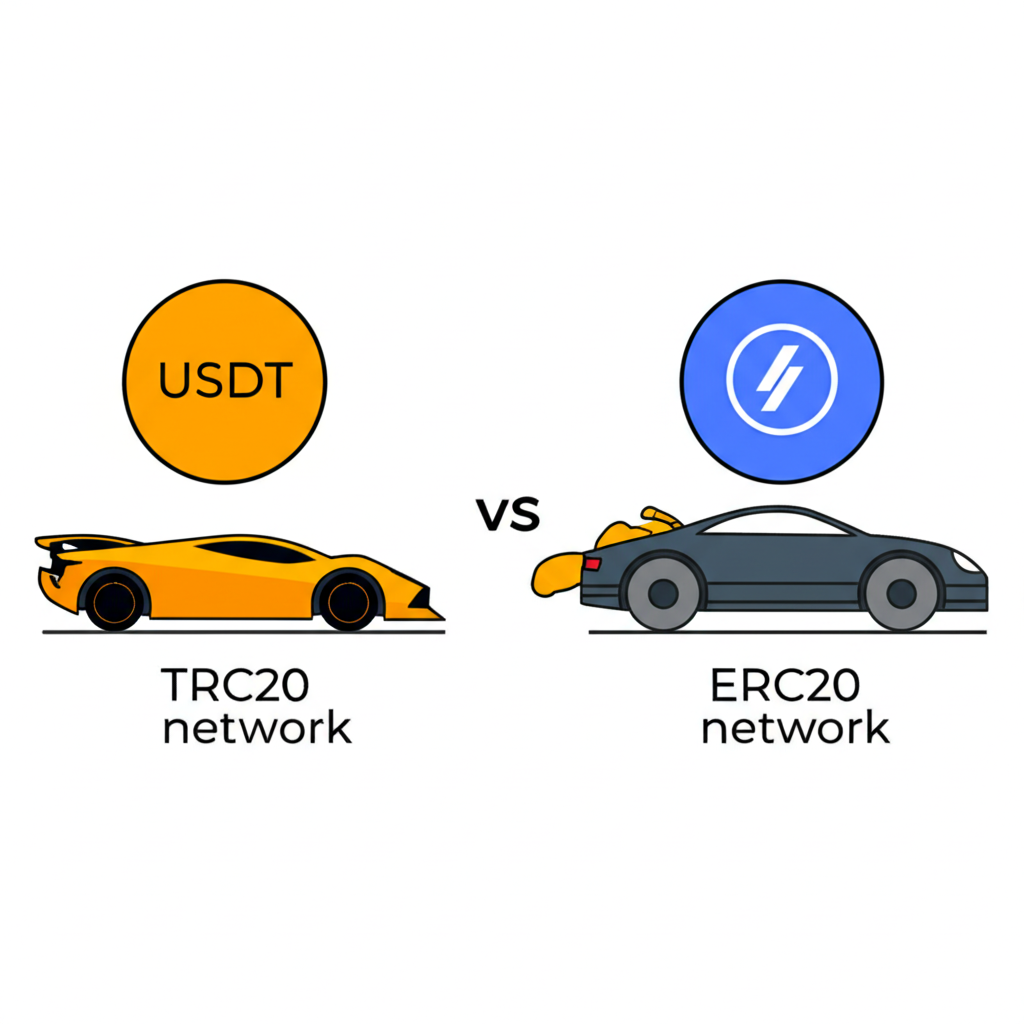比較 USDT 在 TRC20 與 ERC20 網路上的轉帳表現：TRC20 快速且便宜，ERC20 則較慢且成本高