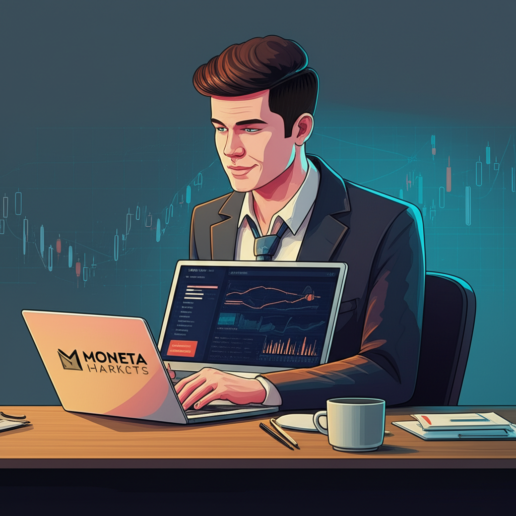 交易者使用筆電進行外匯交易，專注於Moneta Markets交易平台畫面