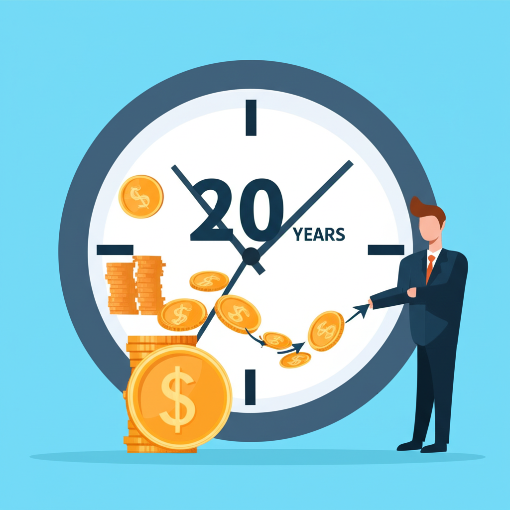 時鐘顯示20年，資金流回投資者手中，象徵市盈率的回本時間概念