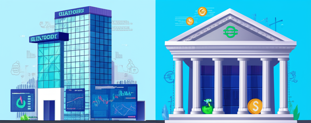 現代高科技交易辦公室與傳統銀行建築對比插圖，凸顯格倫外匯與格倫銀行在服務與監管上的差異
