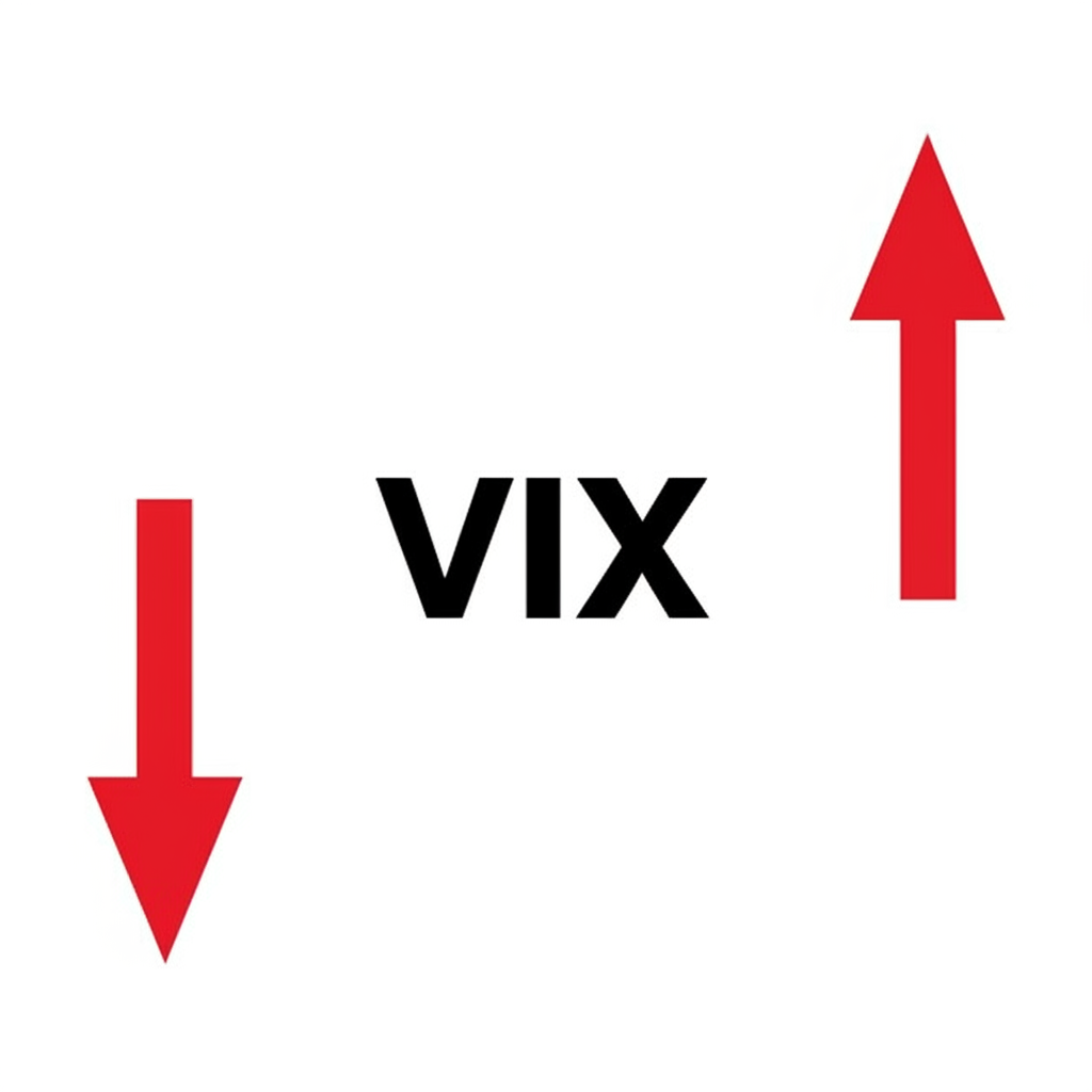 VIX指數示意圖，展示S&P 500未來30天波動預期，搭配上下箭頭呈現市場不確定性與情緒波動