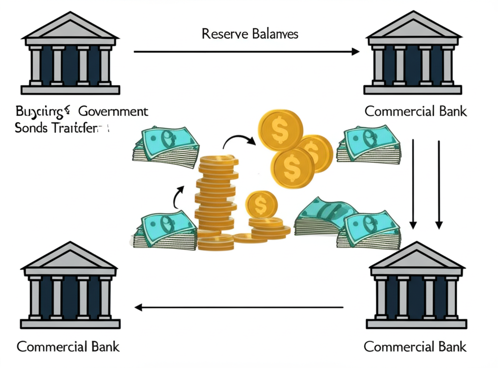 中央銀行購買公債與房貸證券，資金流入商業銀行準備金，並進一步流向企業與消費者