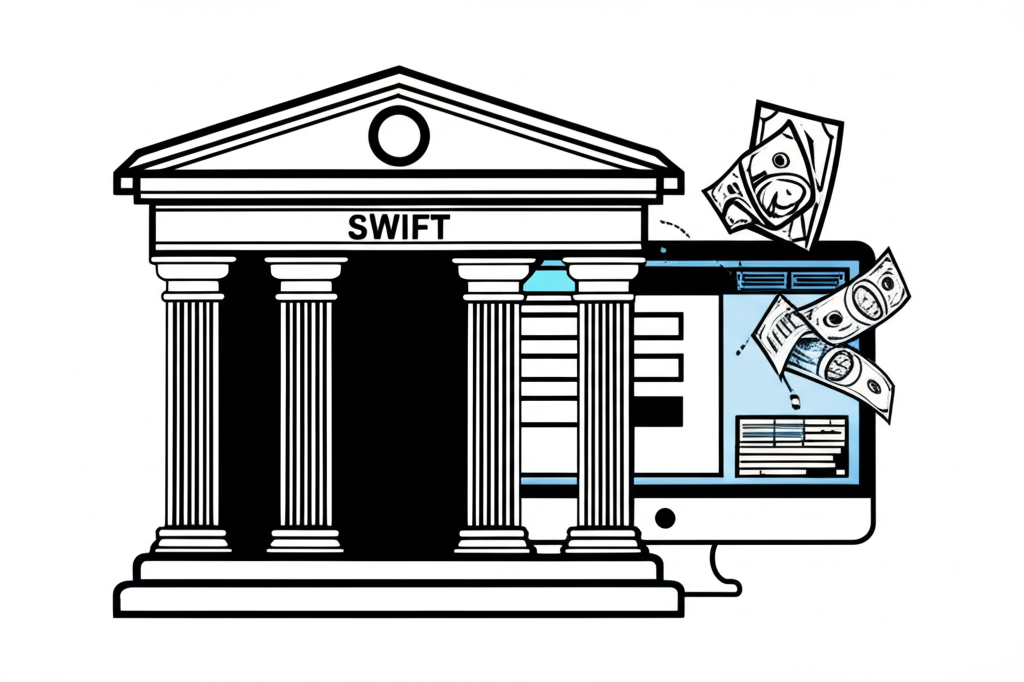 插圖呈現資金透過SWIFT系統，從Pepperstone平台流向銀行大樓，象徵安全的大額轉帳