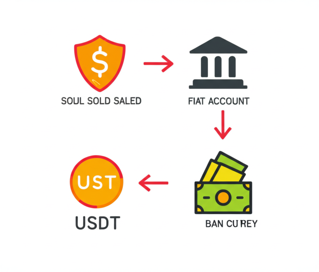 加密貨幣交易所介面示意圖，顯示USDT售出後法幣資金轉入銀行帳戶的流程，強調操作簡便與資金安全