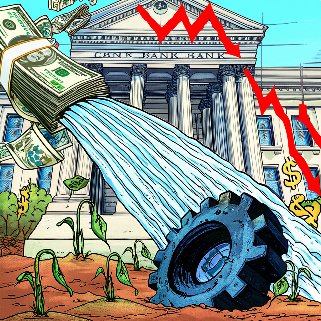 中央銀行向經濟體注入資金的插畫，象徵量化寬鬆政策