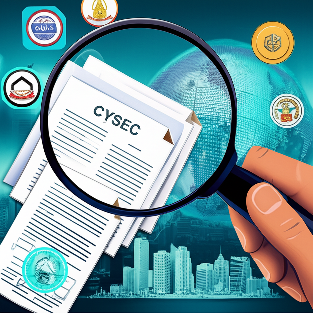 插畫顯示一人手持放大鏡檢視CySEC文件，背景為全球監管機構圖示與數位化金融城市景觀