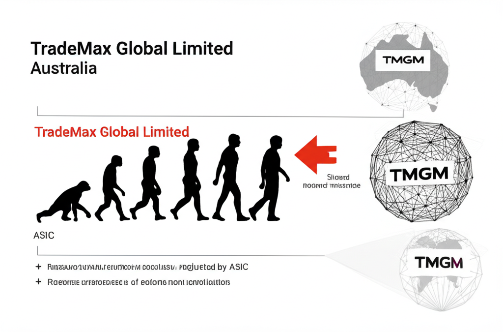 TradeMax 與 TMGM 品牌演變示意圖，從澳洲 ASIC 註冊實體發展為全球統一市場形象