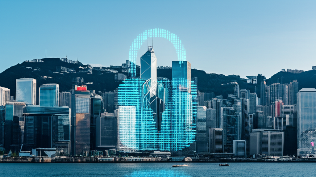 Thailand investor secure forex trading, Hong Kong skyline, digital lock, illustration