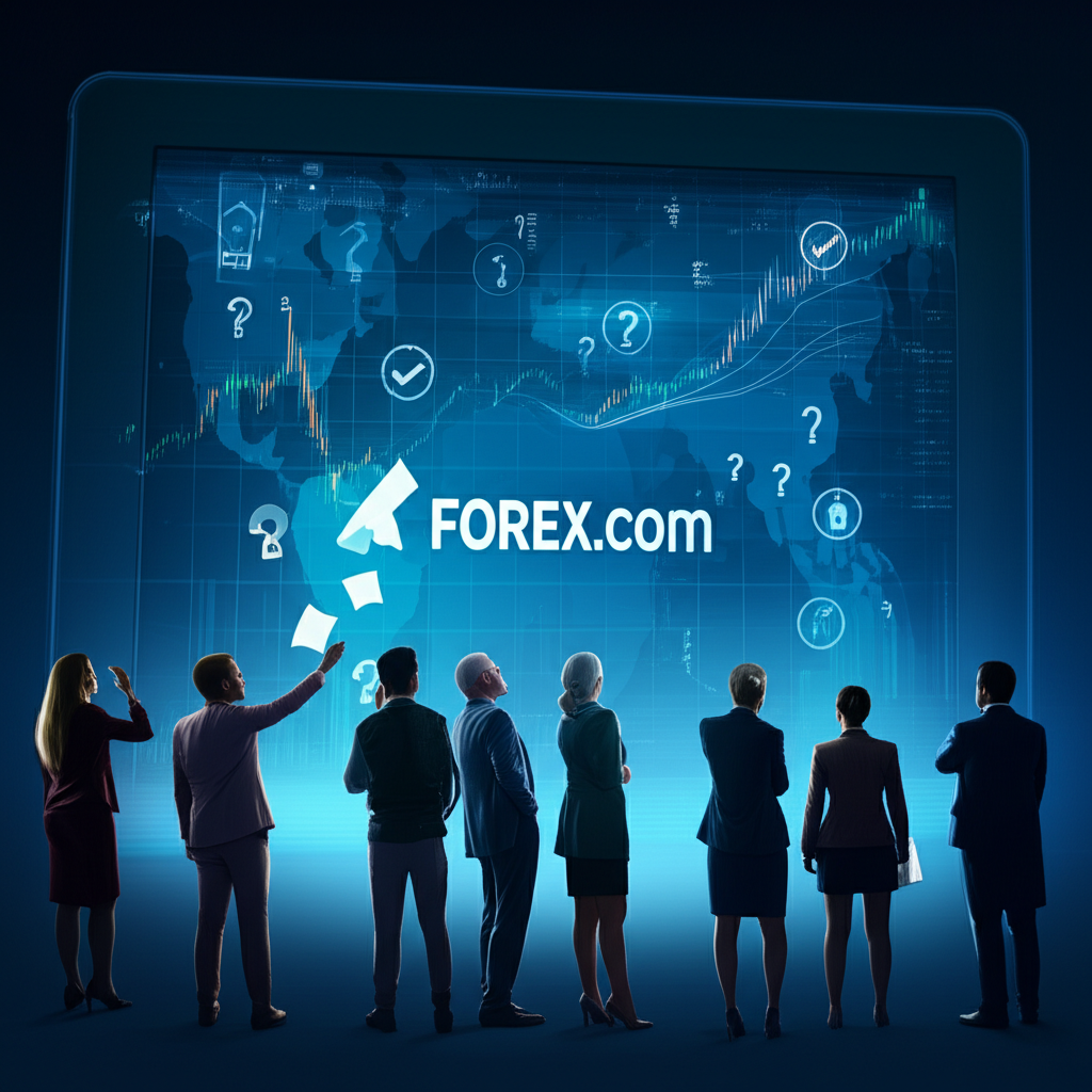 全球交易者圍繞外匯圖表與Forex.com標誌，探討平台可信度與市場分析