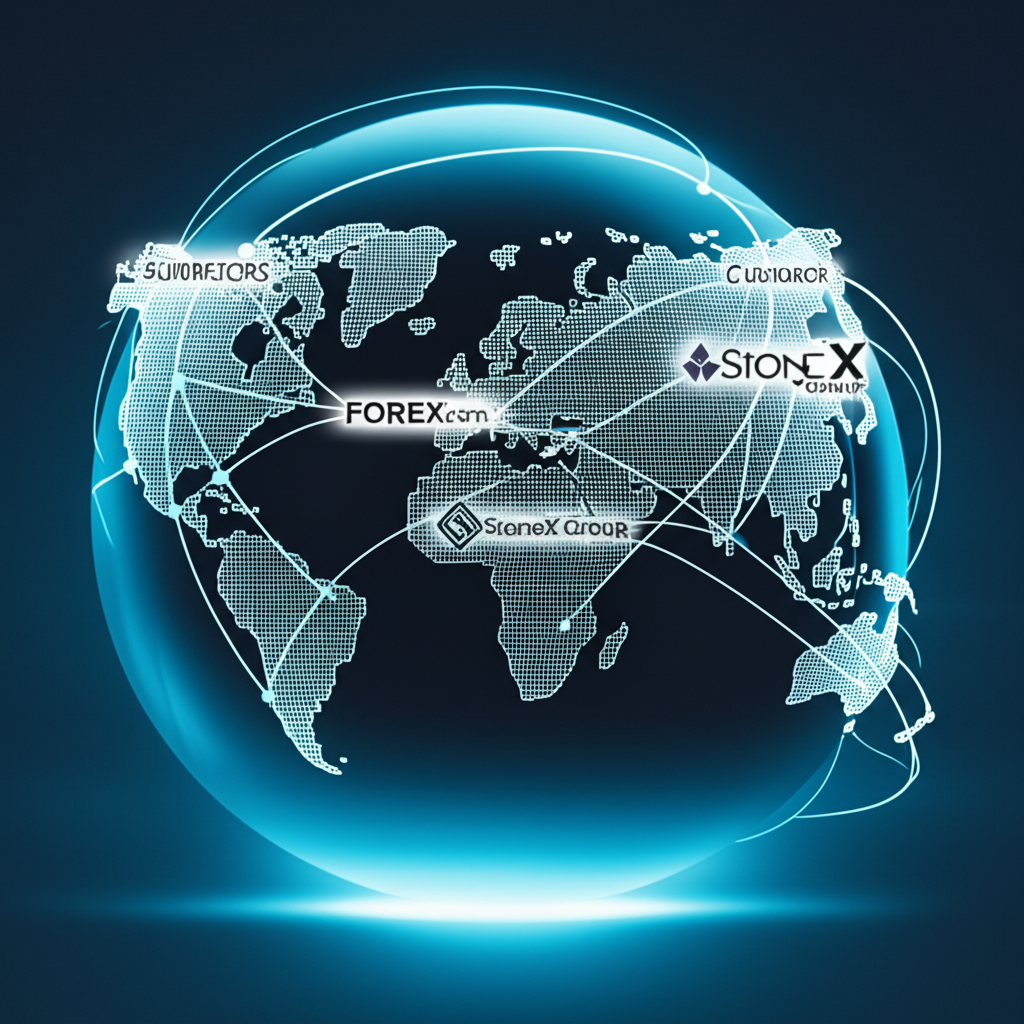 全球金融網絡圖解，展現FOREX.com與StoneX集團如何串聯世界各地投資者，象徵信賴與穩定