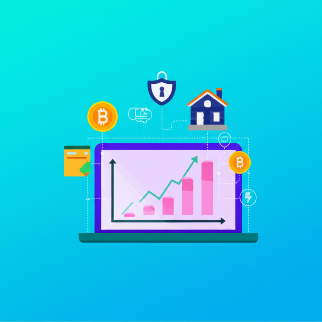 Secure online trading, money growth, diverse assets, illustration style