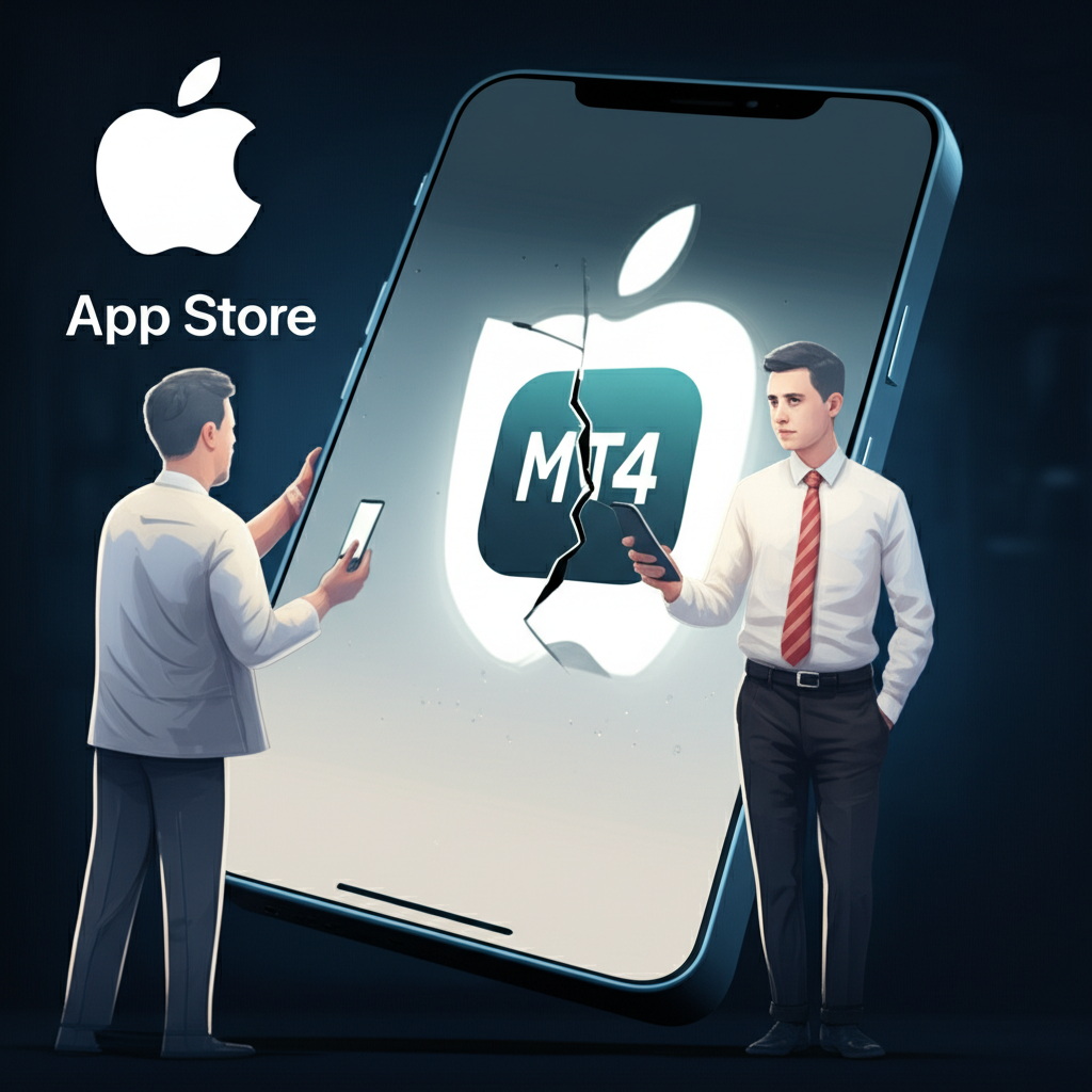 交易者面對手機上無法使用的MT4應用，背景為巨大的Apple App Store標誌，象徵平台下架帶來的衝擊