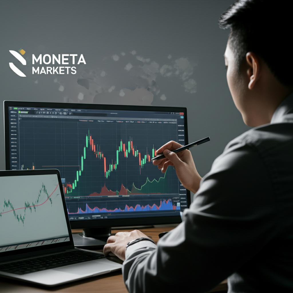 Investor analyzing forex data on a screen, Moneta Markets logo, global map, illustration.