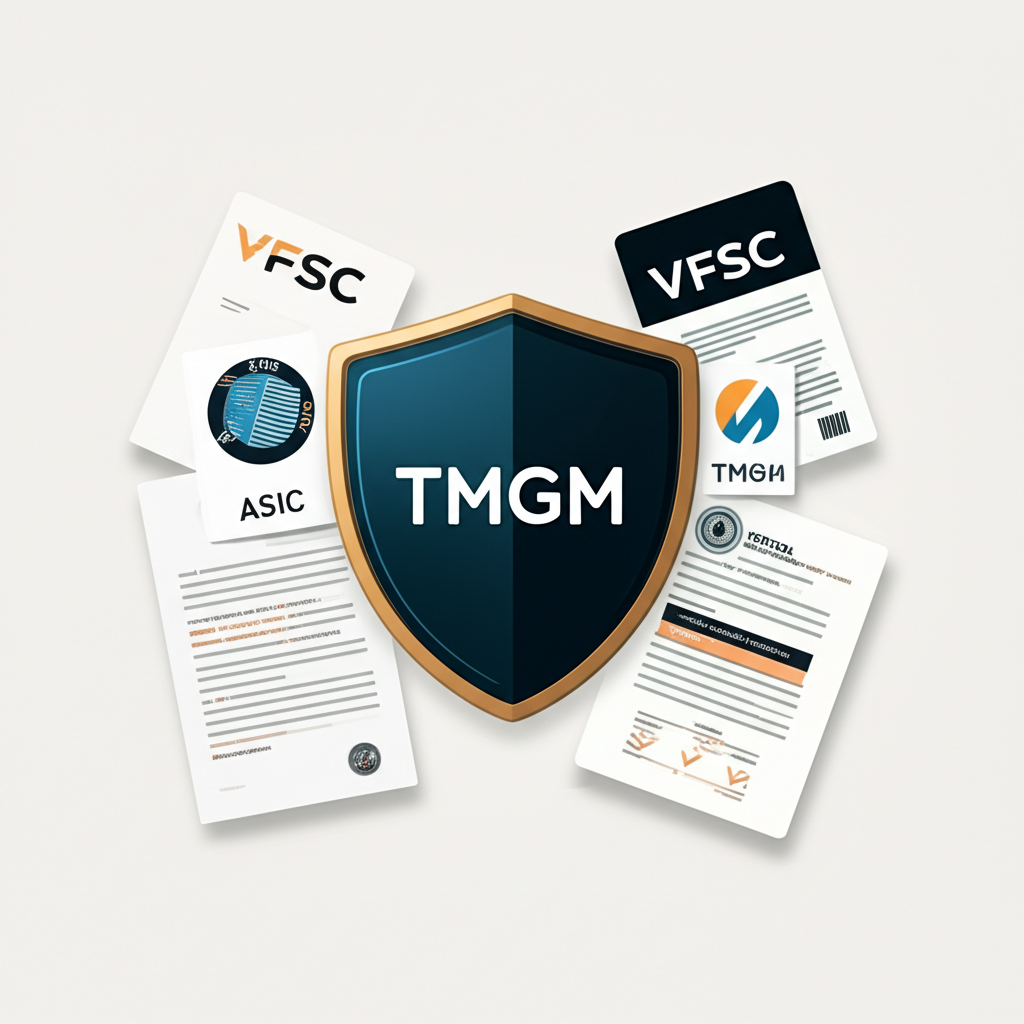 TMGM受多重監管保護示意圖，盾牌上印有TMGM標誌，周圍環繞ASIC、FMA、VFSC等監管機構標誌，象徵其合規合法性