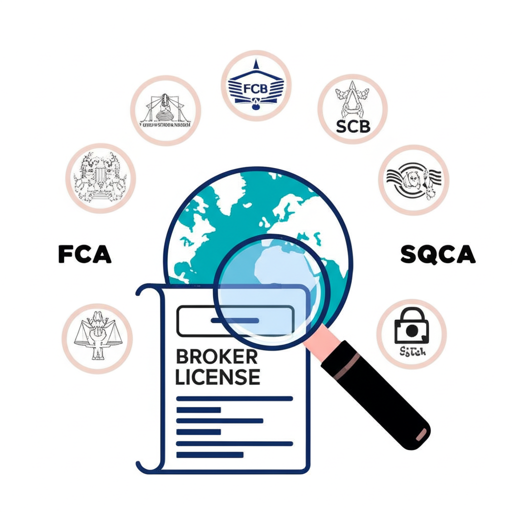 全球監管機構如FCA、SCB、SCA包圍地球，象徵跨國金融監督與牌照審查