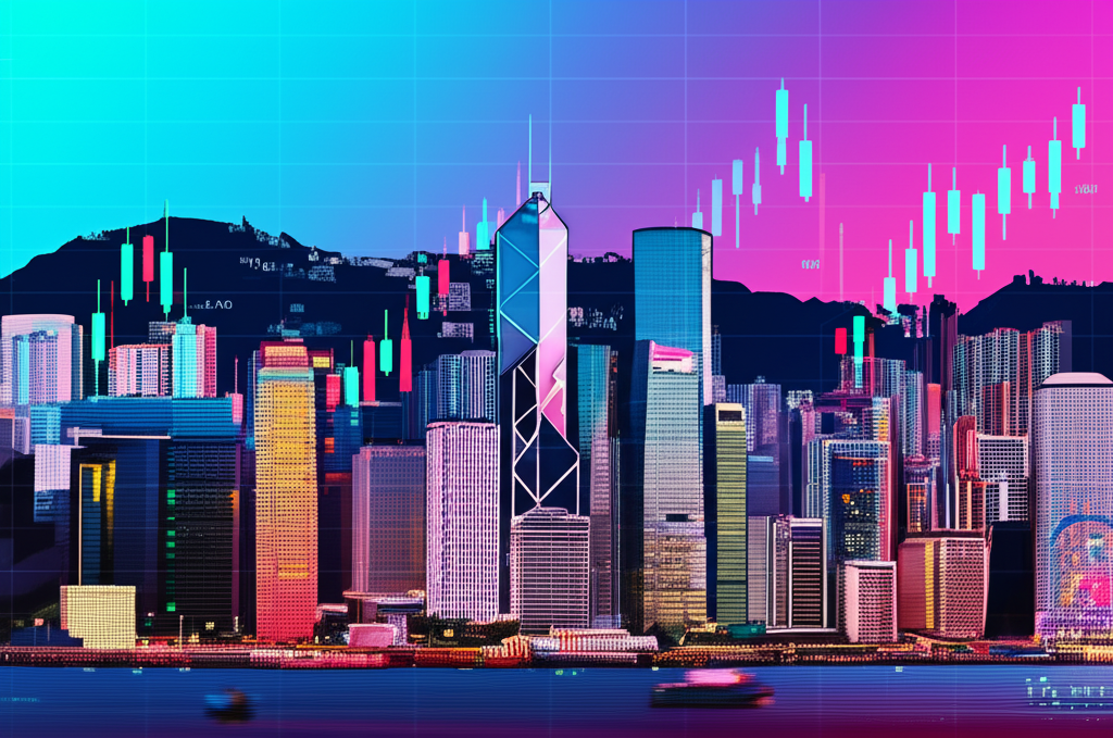 香港天際線與外匯圖表插圖，2025年金融趨勢，充滿活力的色彩