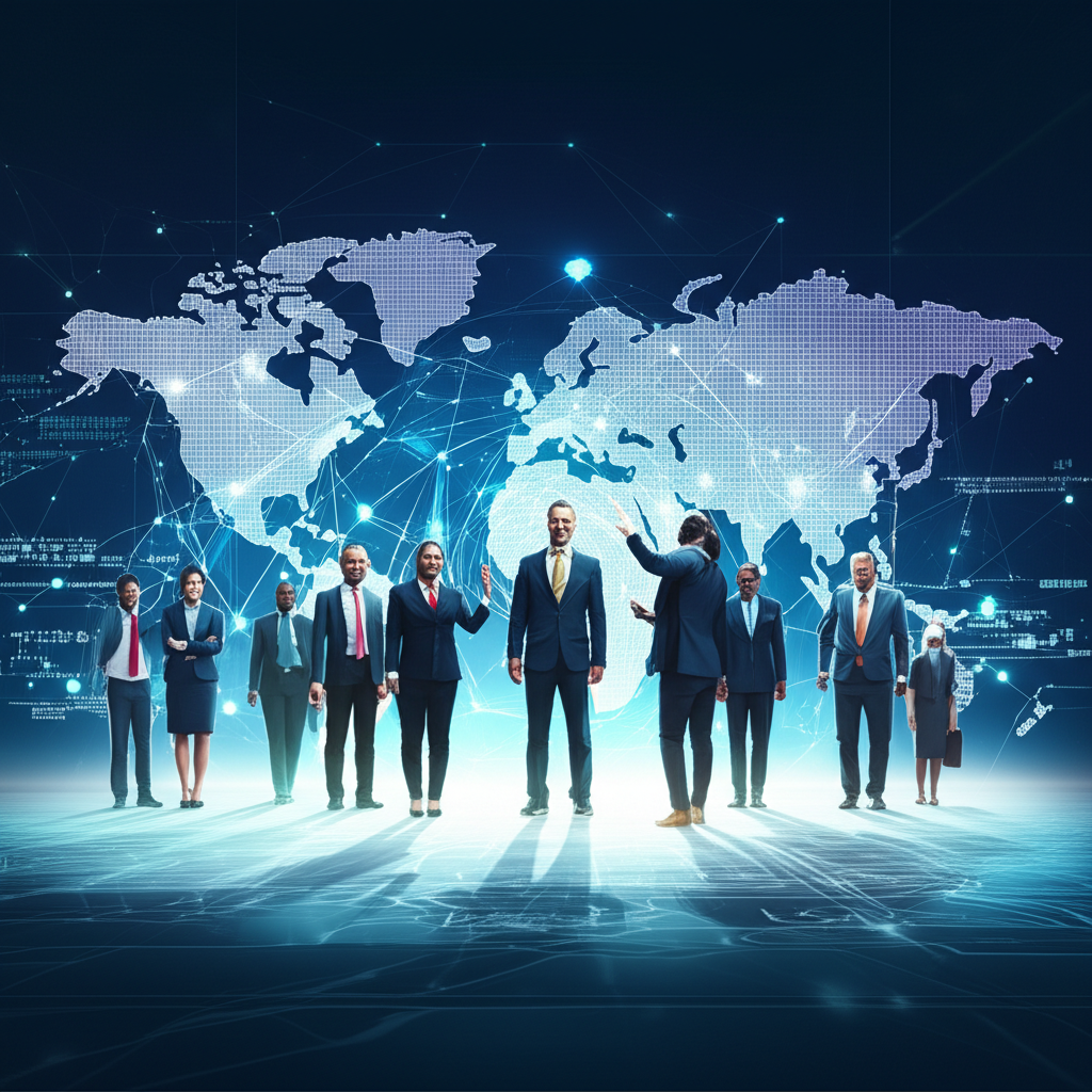 Global financial market with diverse investors, illustration.