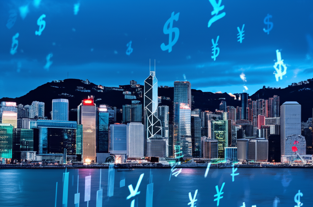 Hong Kong skyline, global currency trading, illustration