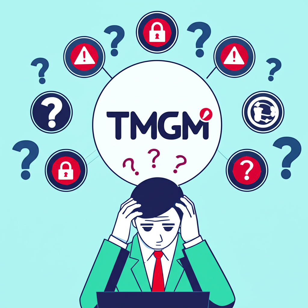 投資者面對TMGM平台是否詐騙的困惑示意圖，螢幕上顯示TMGM標誌與問號，周圍環繞外匯平台圖示與網路詐騙符號