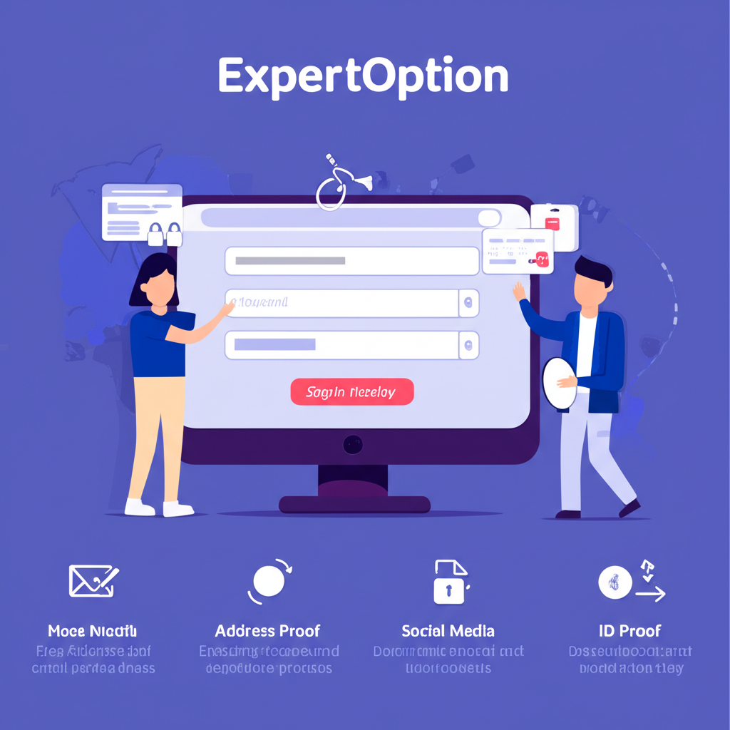 用戶完成 ExpertOption 帳戶註冊與 KYC 驗證流程，包含電子郵件、社群媒體、身分證明、地址證明文件，確保資金安全與順暢的存提款