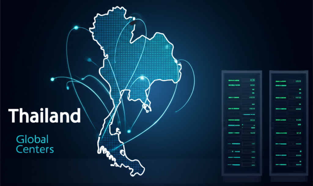Global data centers, Thailand map, 2025 tech, illustration.