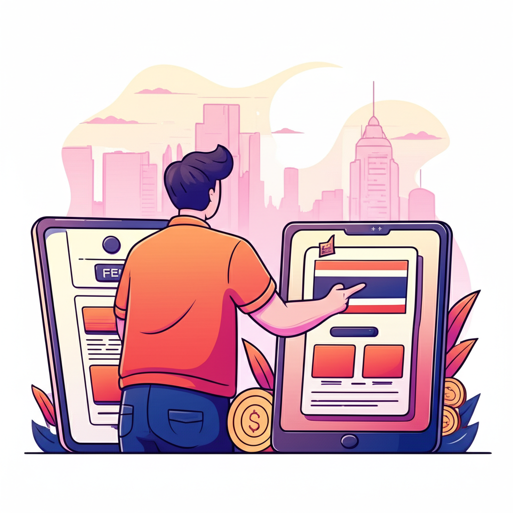 Thailand trader comparing forex fees, illustration.