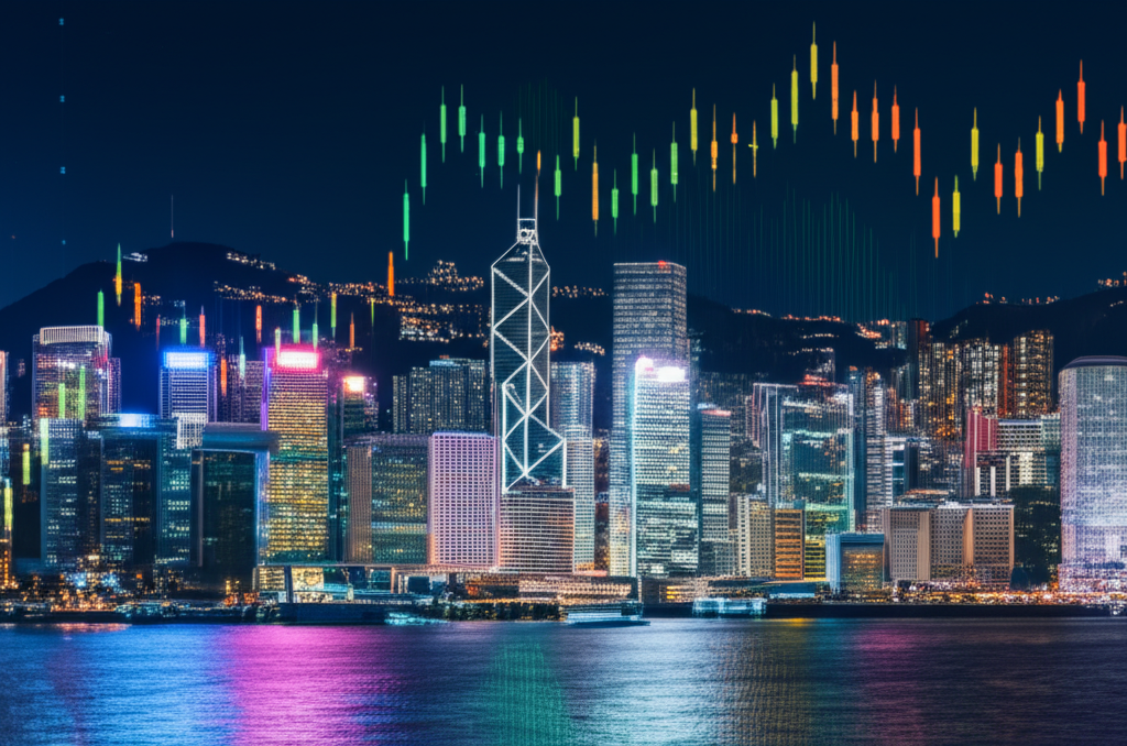香港天際線與外匯圖表插圖