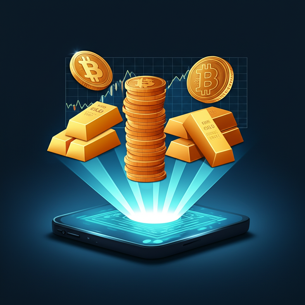 展示加密貨幣、黃金與外匯圖表從詐騙平台湧出，吸引投資者的插圖