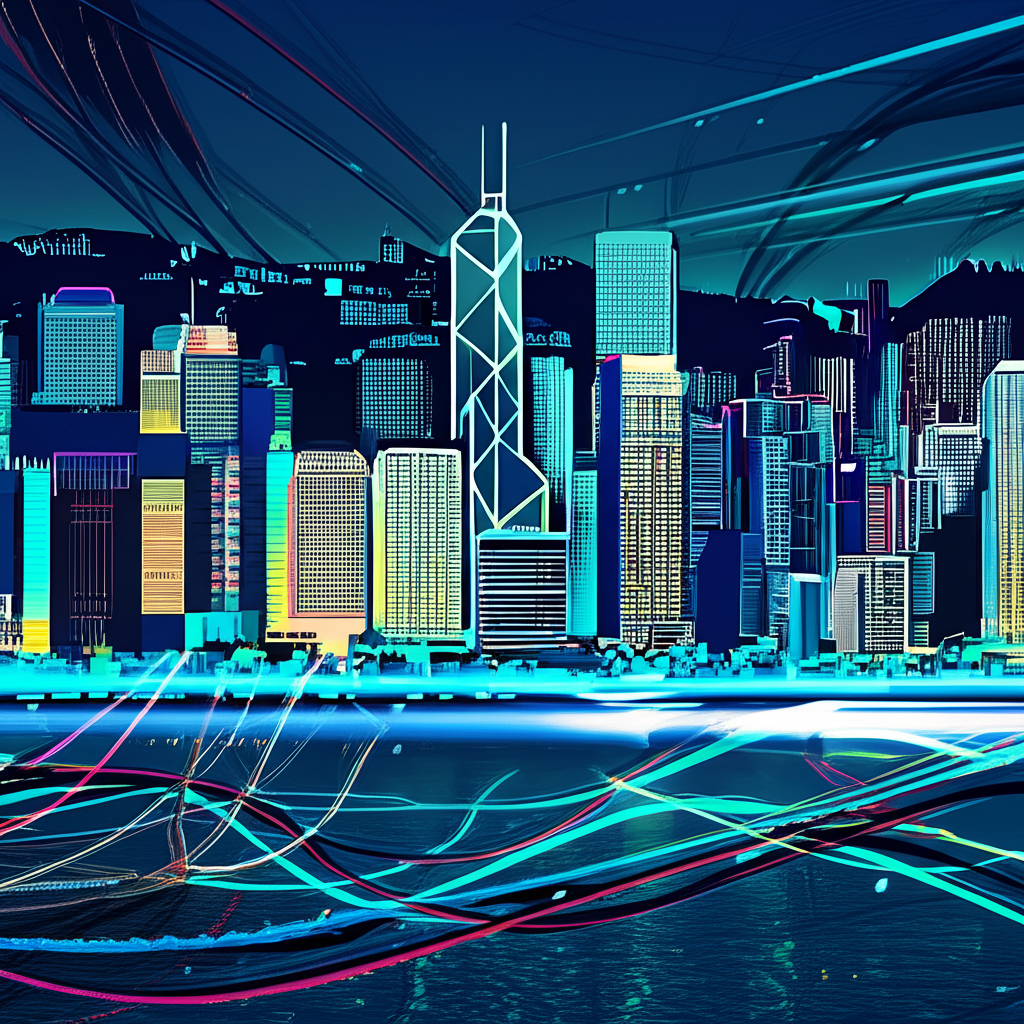 Fast forex trading, HK skyline, data cables, illustration.