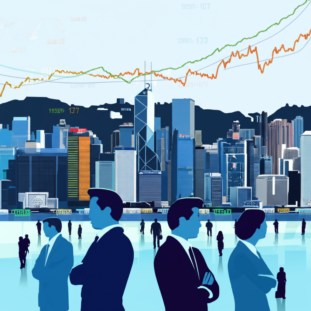 Hong Kong skyline, digital forex charts, global investors, illustration style