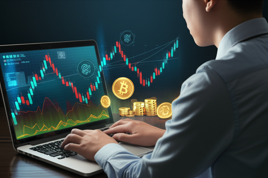 Hong Kong trader learning forex demo, laptop, virtual currency, illustration.