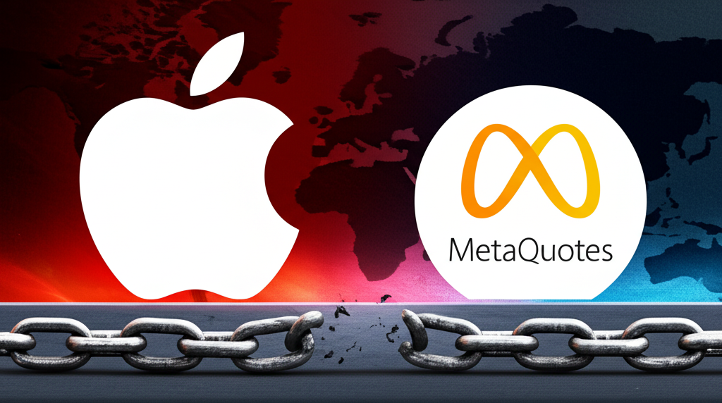 Apple與MetaQuotes兩大公司標誌對立，中間鏈條斷裂，背景隱含地緣政治緊張氛圍，解釋應用下架原因