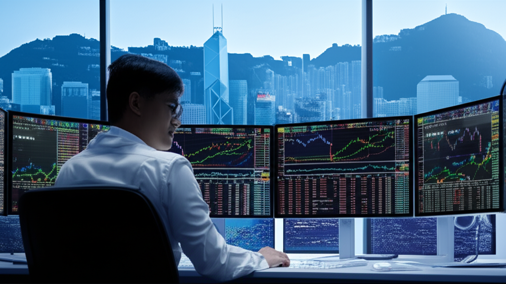 Investor analyzing forex data in Hong Kong, illustration.