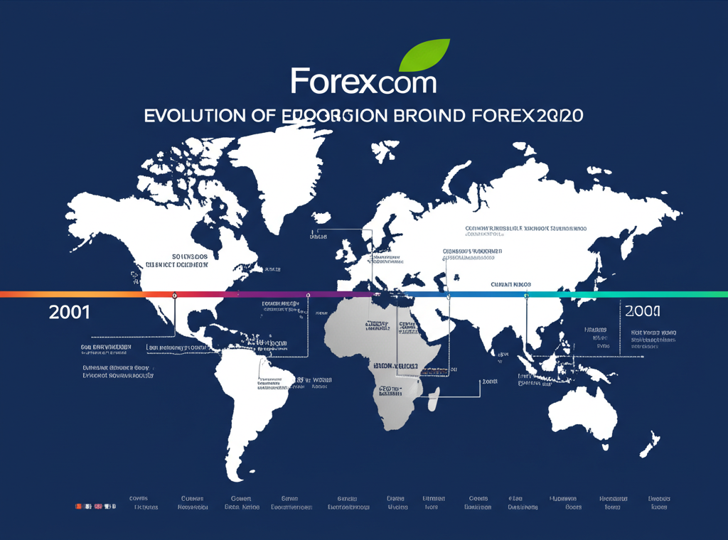 Forex.com品牌發展歷程圖，涵蓋2001年成立、併購擴張與全球服務版圖