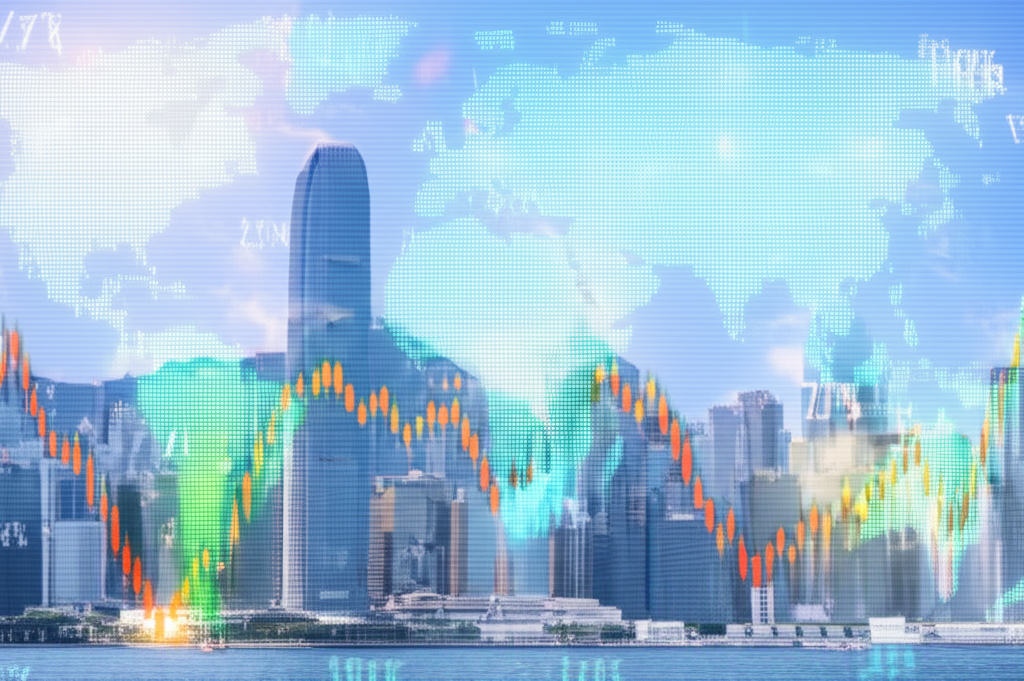 Hong Kong skyline, currency charts, illustration