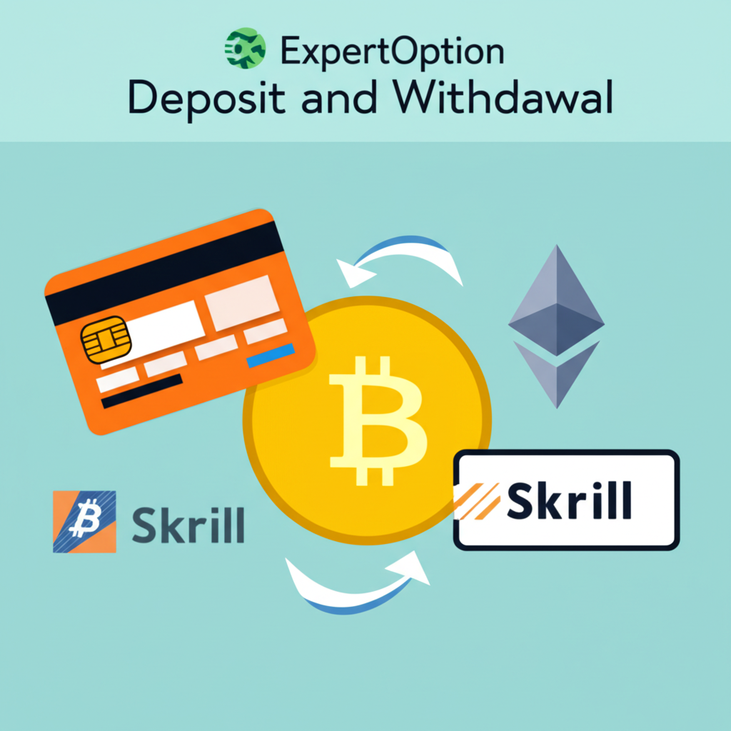 ExpertOption 存提款方式插圖，包含信用卡、Skrill、Neteller 等電子錢包，以及比特幣、以太坊等加密貨幣，展現安全快速的資金交易