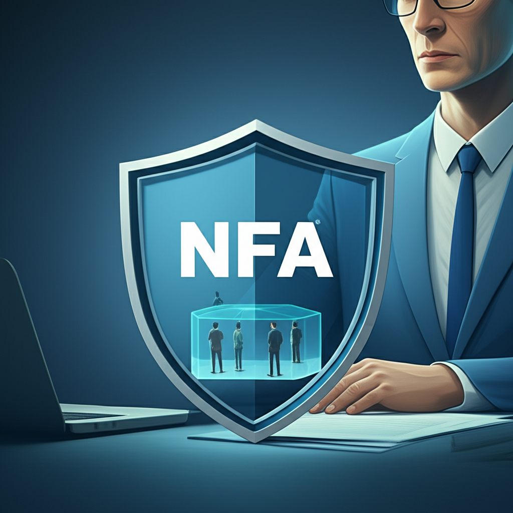 NFA標誌與盾牌象徵投資者保護，代表在透明公正的市場中防止金融詐騙